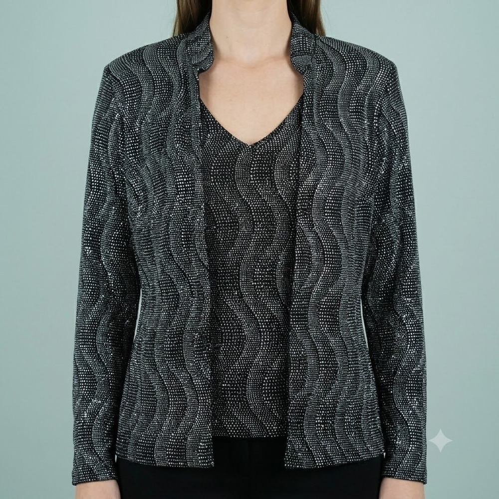 Metallic Wave Print Jacket & Tank Set Women's Medium Black Silver Stretch